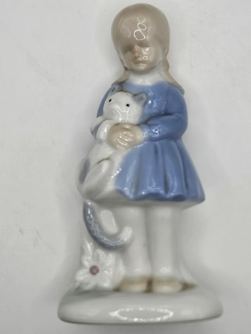 Porcelain Girl Figurine Holding Kitten Cat - Blue Dress